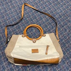 Preloved RELIC Satchel SHOULDER Purse Beige CANVAS Brown Trim Detachable Strap